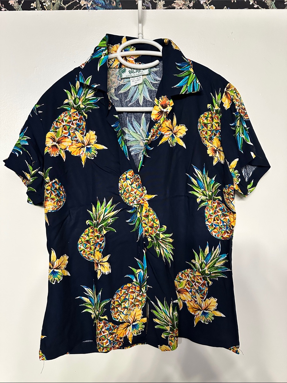 Tropical Pineapple Print Button-Down Shirt - Navy